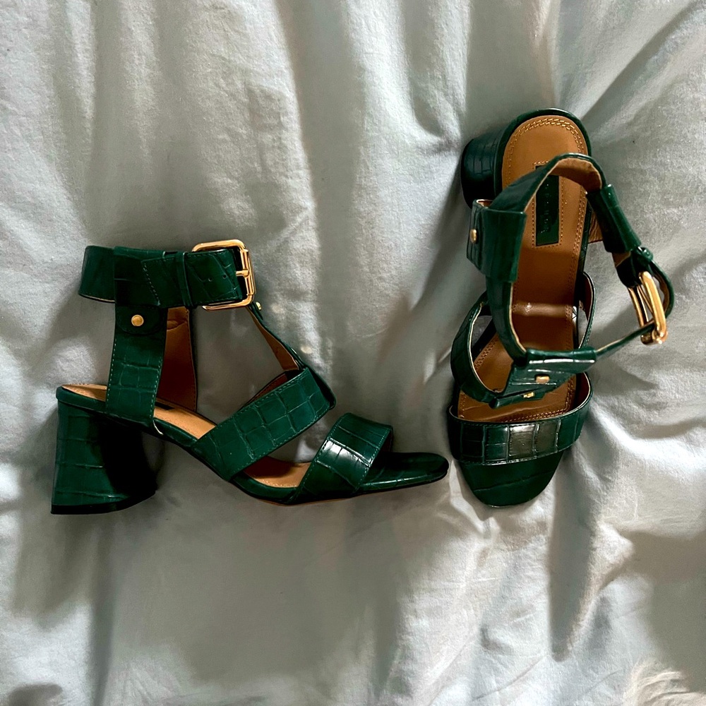 SOLD - Sandals - Croc vegan Topshop green sandals with gold buckle. Fit size 8.5